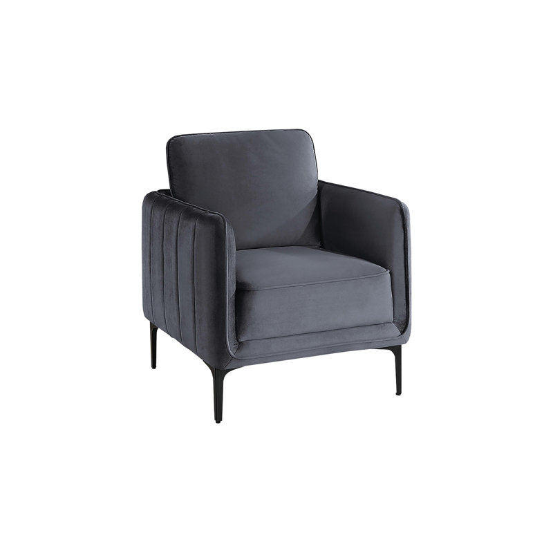 Chaise d'appoint grise 1pc avec pieds en métal en forme de L, coussin amovible, ressort en S et fibres, velours de décoration d'intérieur transitionnel, accoudoirs verticaux, base
