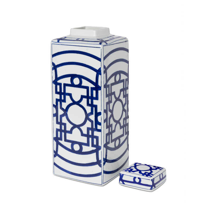 Imperial Ceramic Geometric Square Jar, Indigo, Large, 37 pieces, White