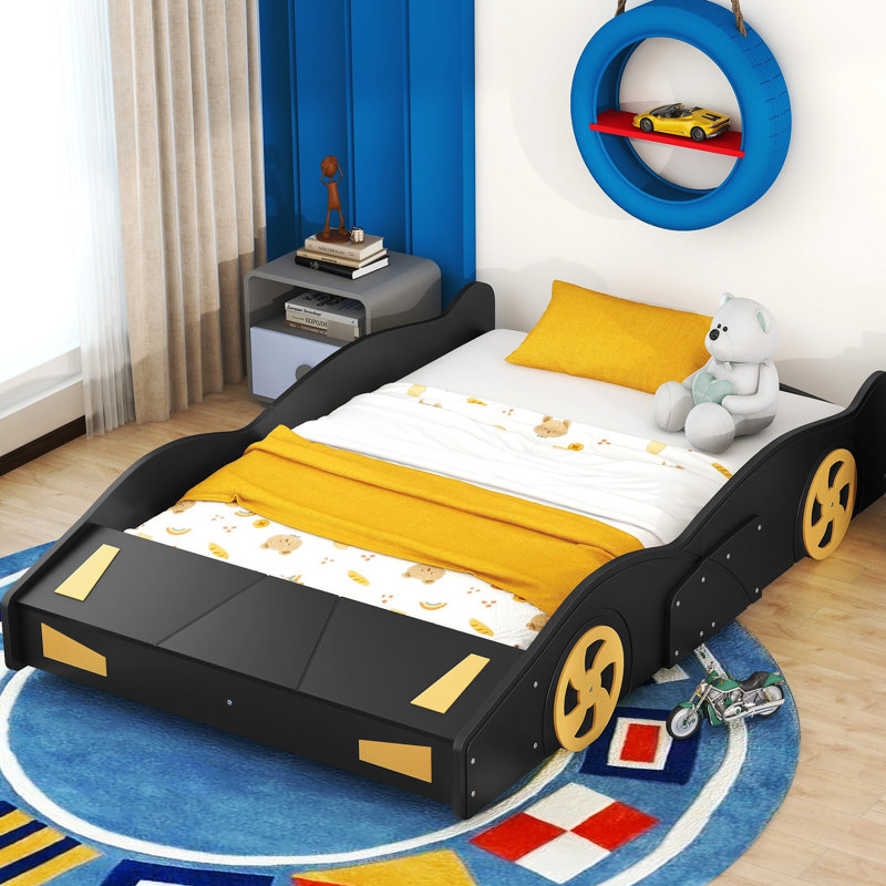 Race Car Bed With Storage And Quality Materials Black+Yellow Platform Appeal Convenient, Full, Black