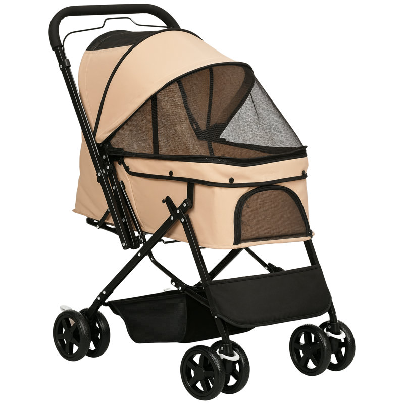 Pet Stroller Dog Foldable Travel Carriage with Reversible Handle Brown, Beige