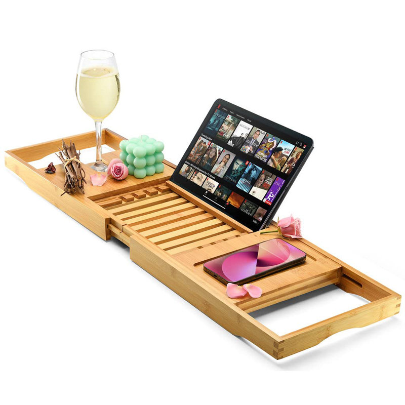 Plateau de baignoire pliable de luxe Brannon - Organisateur de baignoire en bois imperméable pour le vin, le livre, le savon, le téléphone