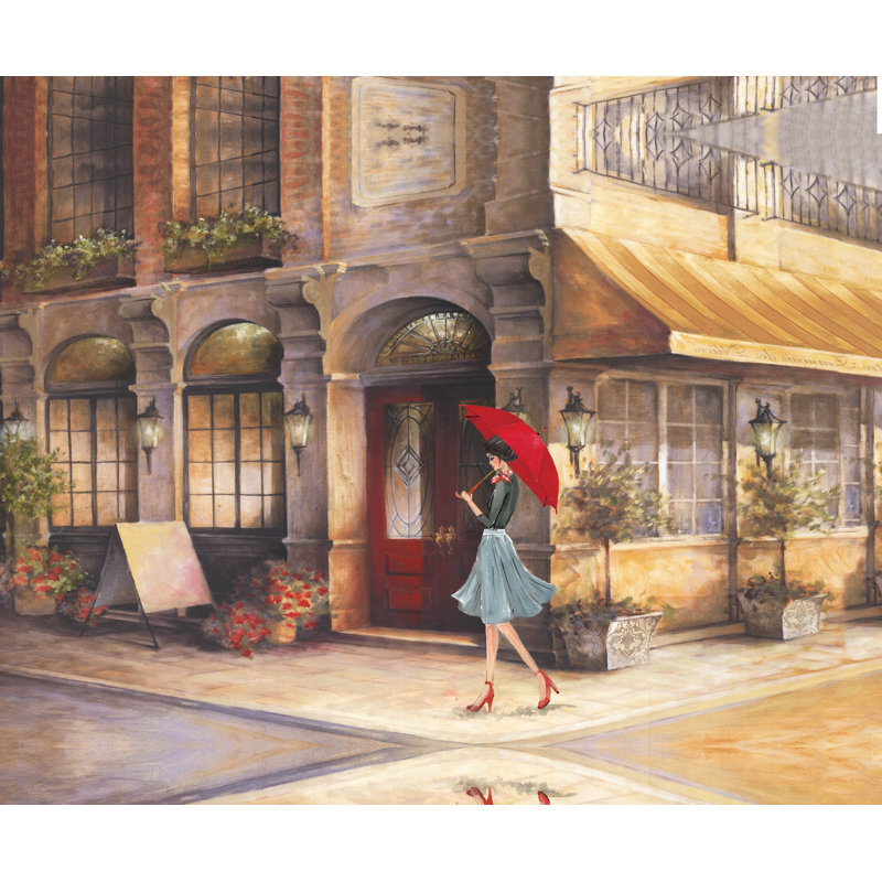Reproduction d’art sur toile, "Woman Red Umbrella Bistro Street", H 8 po x l 12 po