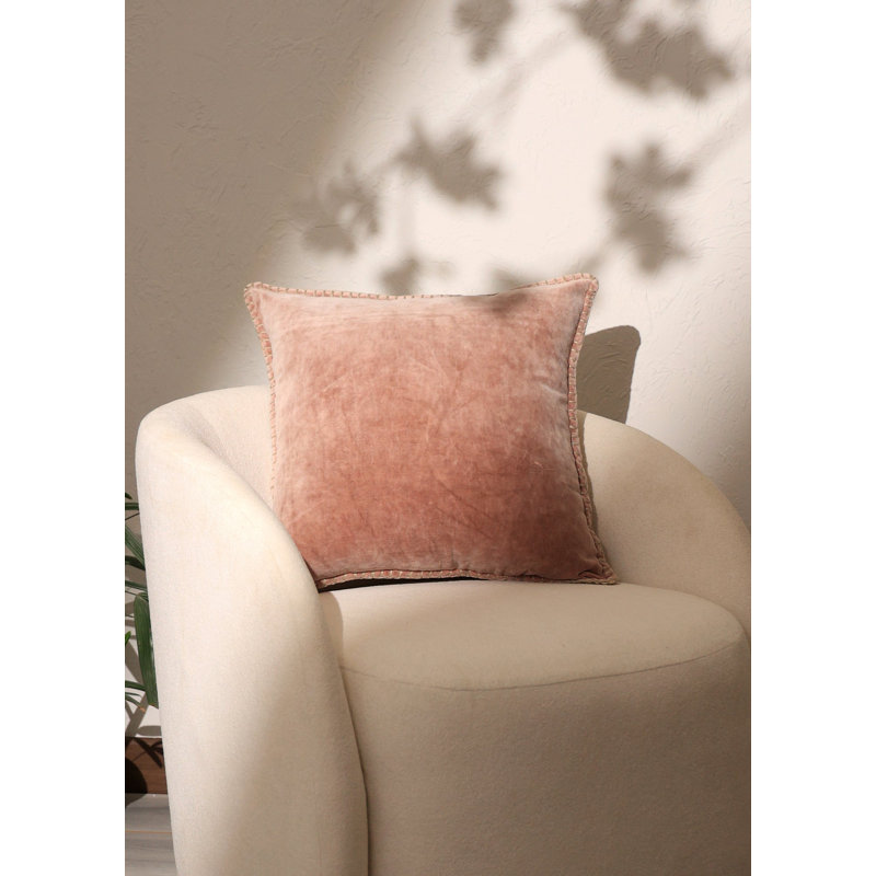 Throw Pillow | Stonewashed Cotton Velvet Throw Pillow with Decorative Handstitched Edges-18X18", Old Pink