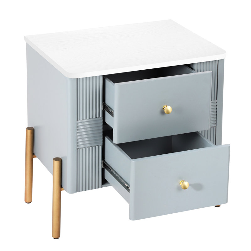 Table de bout cannelée bleue avec poignées dorées, 2 tiroirs spacieux, glissières en métal fluides, deux tiroirs de rangement, multifonction