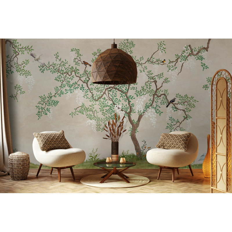 Papier peint beige Wisteria Tree Birds, L 75 po x l 112 po