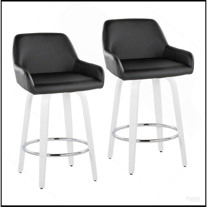 Tabouret de comptoir à hauteur fixe avec pivot en bois blanc et similicuir noir avec repose-pieds rond chromé - ensemble de 2