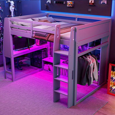 Lit mezzanine double en bois avec bureau, étagères à rangement multiples, DEL et portemanteau suspendu, gris