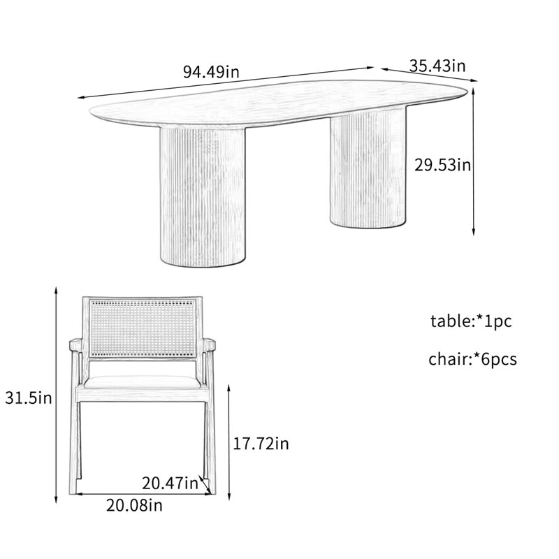 Ensembles de table de salle à manger de luxe en chêne., H 29,53 po x L 94,49 po x l 35,43 po