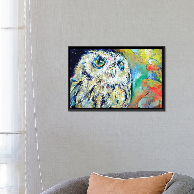« hibou », reproduction d’art sur toile, H 18 po x l 26 po x P 1,5 po, Toile avec cadre noir, Pas de tapis