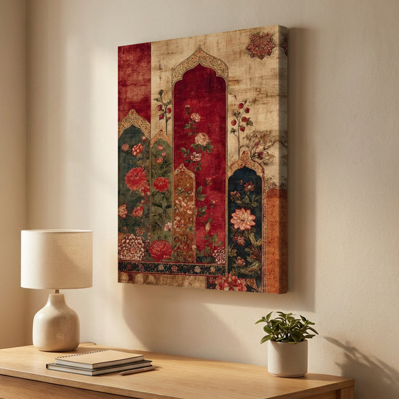 Panneaux botaniques d'inspiration persane avec arches décoratives - Impression d'art mural floral sur toile tendue sur châssis, 91,4 cm (H) x 61 cm (L), prête à être accrochée