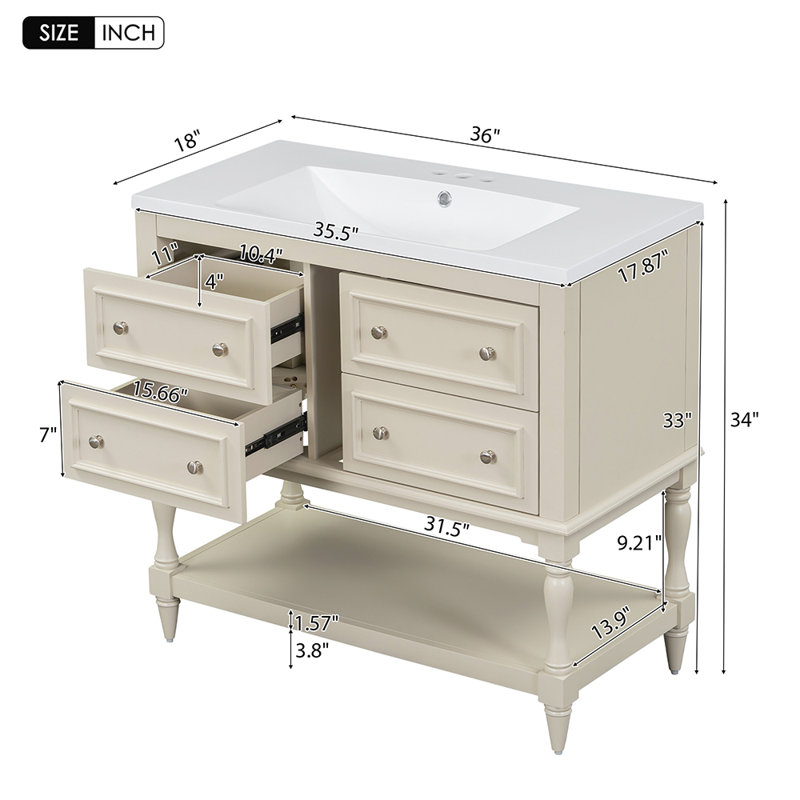 Ensemble de meuble-lavabo simple 36,01 po avec plateau en bois massif Deliany