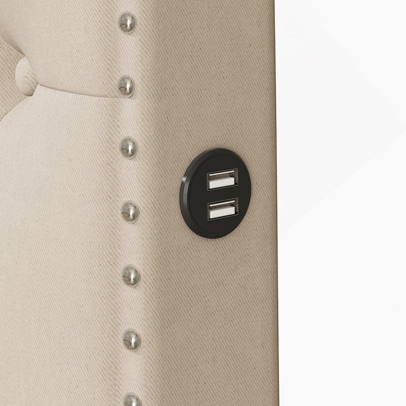 Lit plateforme tapissier avec lit gigogne simple et 2 ensembles de ports USB de chaque côté, Beige