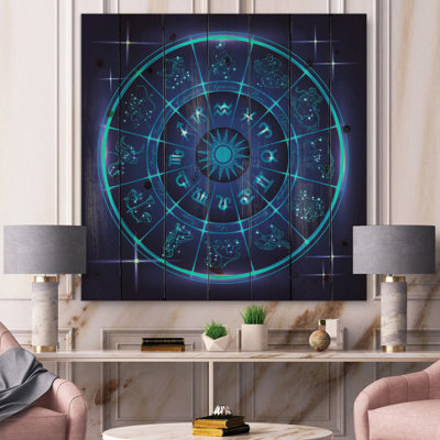 Neon Deep Blue Horoscope Circle With Zodiac Signs - Modern Print On Natural Pine Wood