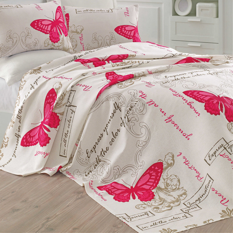 Couvre-lit / couvre-lit 100% coton Alvina, Couvre-lit 79 po x 93 po, Crème / beige / fuchsia