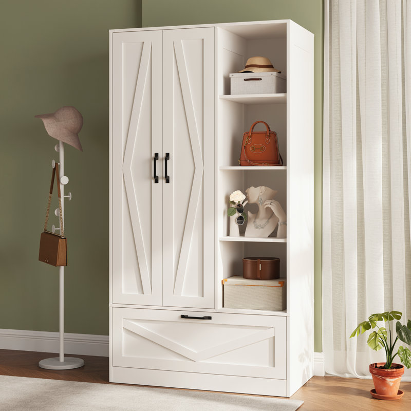 Wooden Wardrobe With 4 Open Storage Shelves, 70.87" Utility Storage Cabinet Armoire