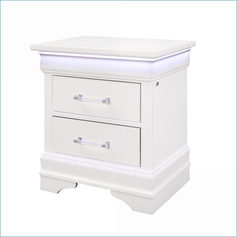 Table de chevet blanche à 2 tiroirs Charleston avec éclairage DEL, Blanc