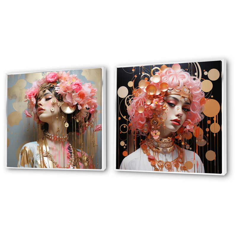 «Pink and Gold Glamour Woman Queen I», ensemble d'art mural sur toile femme glam, Cadre blanc, H 30 po x l 61 po x P 1 po
