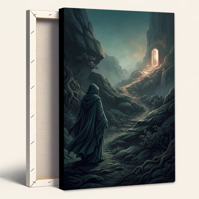 Cloaked Figure Walking Up Rocky Path To Glowing Doorway Canvas Wall Art