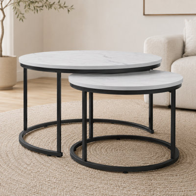 Round Nesting Coffee Table Set of 2, Marble Pattern Tops, White Metal Frame