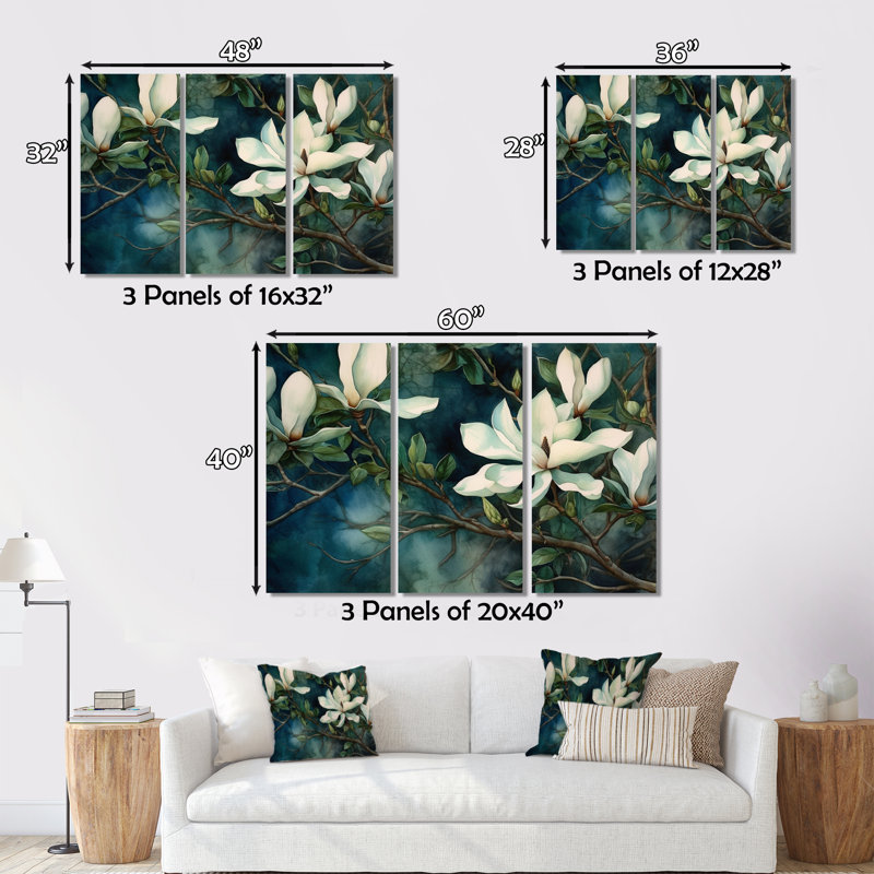 «Green Green Magnolias Landscape» sur toile, reproduction de 3 pièces, H 32 po x l 48 po x P 1 po