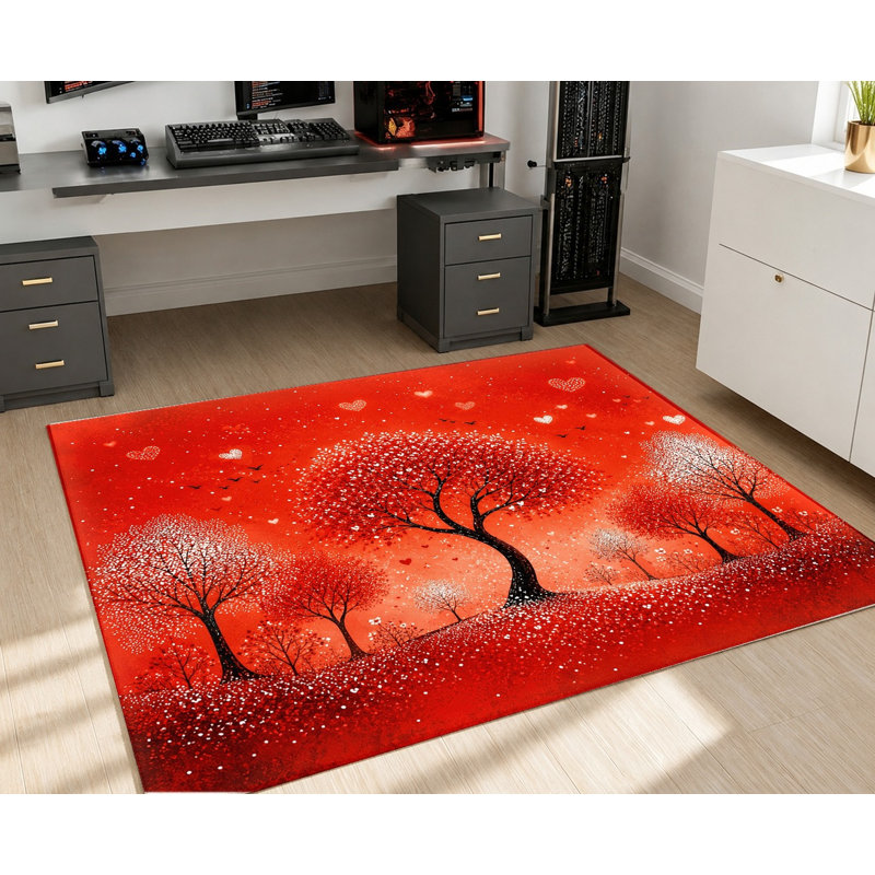 Tapis lavable à la machine Vibrant Red Tree Art, Rectangle 5 pi 3 po x 3 pi 3 po (160 x 100 cm)