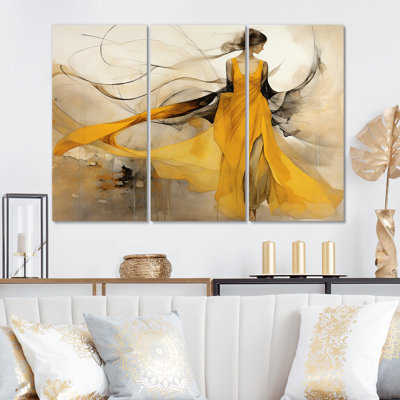«Love And Desire Yellow Wave Woman Dancer III», reproduction sur toile 3 pièces