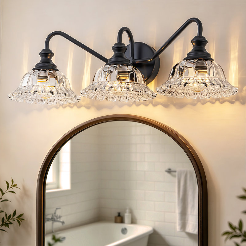 3-Light Vintage Bathroom Vanity Light With Petal-Inspired Glass Shades, Matte Black