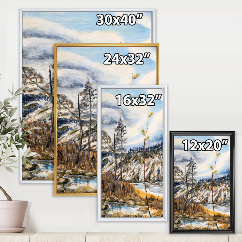 Paysage de printemps avec le ciel nuageux et la rivière - peinture sur toile, H 20 po x l 12 po x P 1po, Cadre flottant noir
