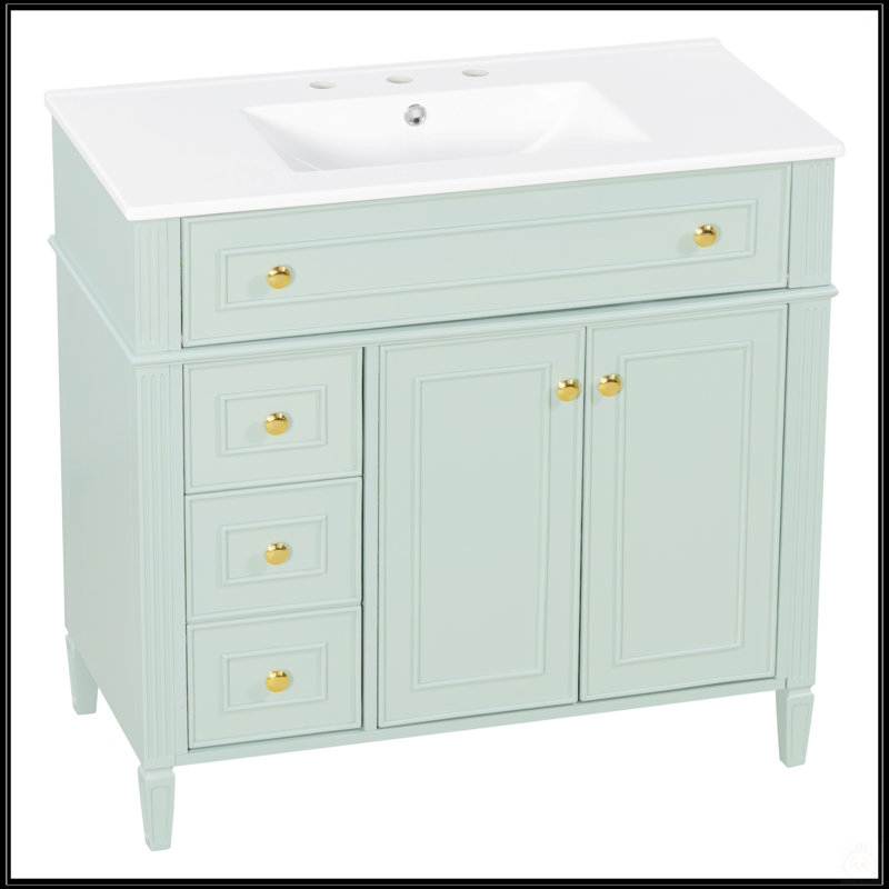 Meuble-lavabo de 36 po avec lavabo, armoire en bois massif, tiroir rabattable, portes à fermeture en douceur et poignées dorées