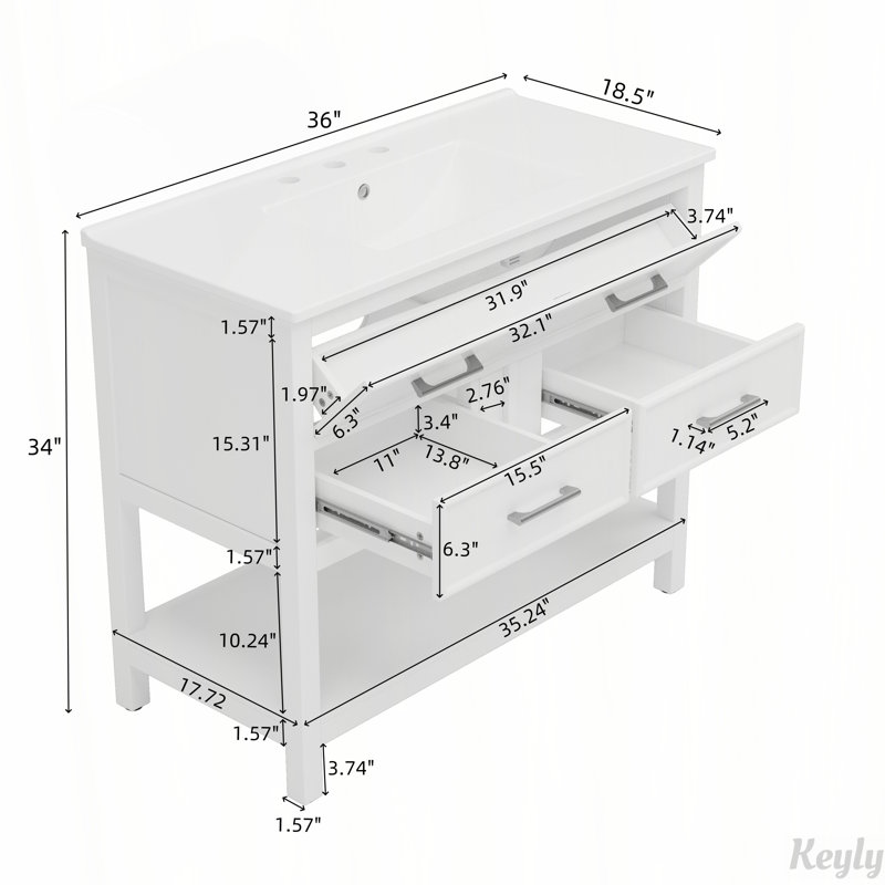 Meuble-lavabo 36 po avec lavabo en céramique, plateau basculant et 2 tiroirs pleine extension, Blanc