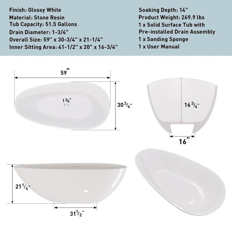59" Freestanding Solid Surface Bathtub