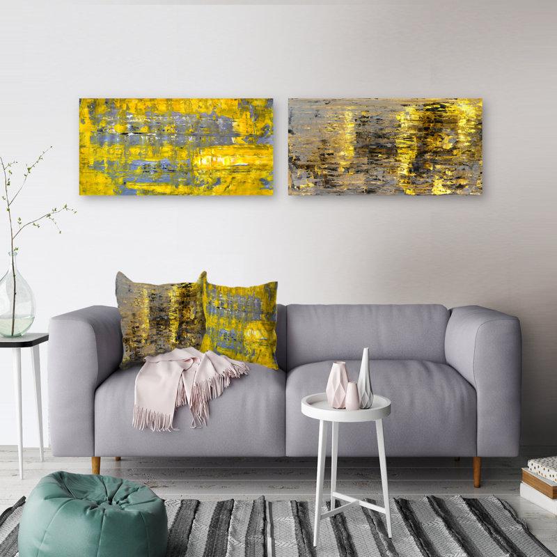 «Yellow Meets Gray Abstract Art», ensemble de 2 peintures sur toile tendue, H 16 po x l 64 po x P 1 po