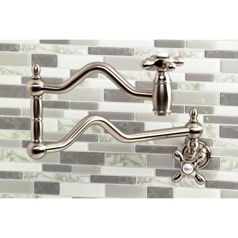 Kingston Brass Heritage Two-Handle 1-Hole Wall Mount Pot Filler Faucet, Polished Chrome, Knob/Cross 