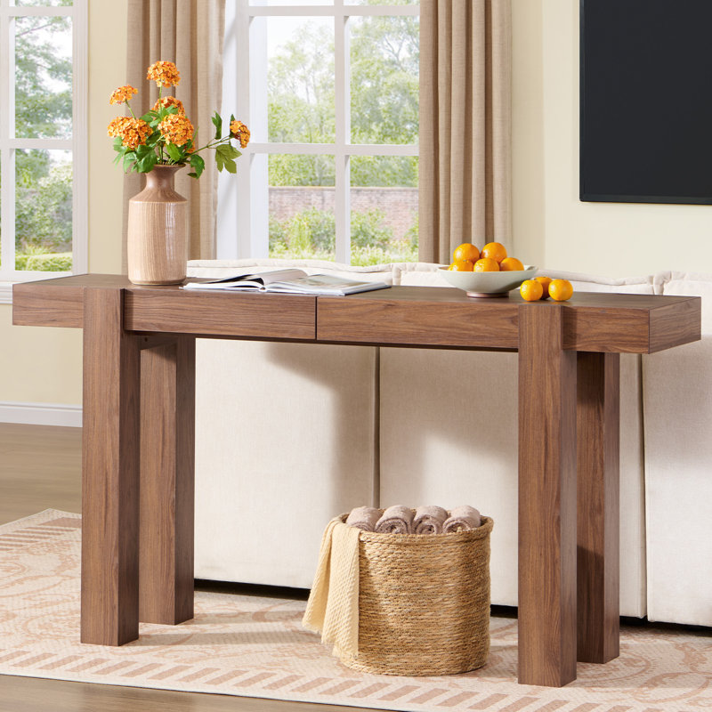 Console de 63 po en bois de style minimaliste moderne pour le hall d'entrée et le salon avec 2 tiroirs, Noyer foncé