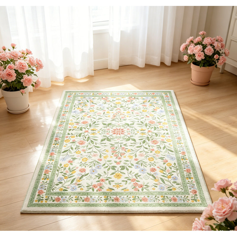Boho Floral Area Rug – Washable Ultra Thin Non-Slip Carpet for Living Room, Girls Room, Nursery, Playroom – Green, 2x6ft (61x183cm)