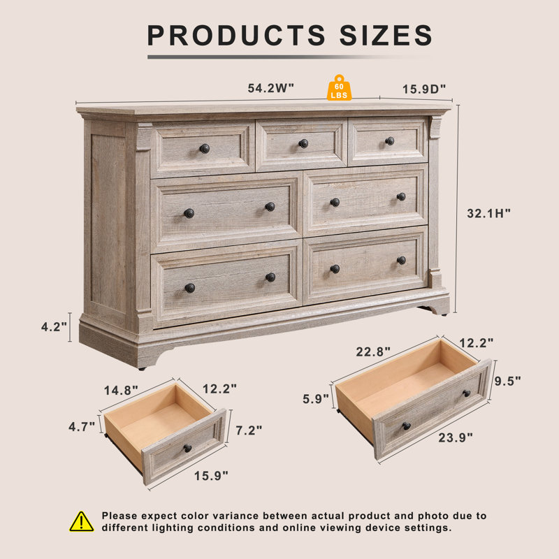 Roman Column 7-Drawer Dresser - 54" Wide Farmhouse Statement, Light Rustic Oak