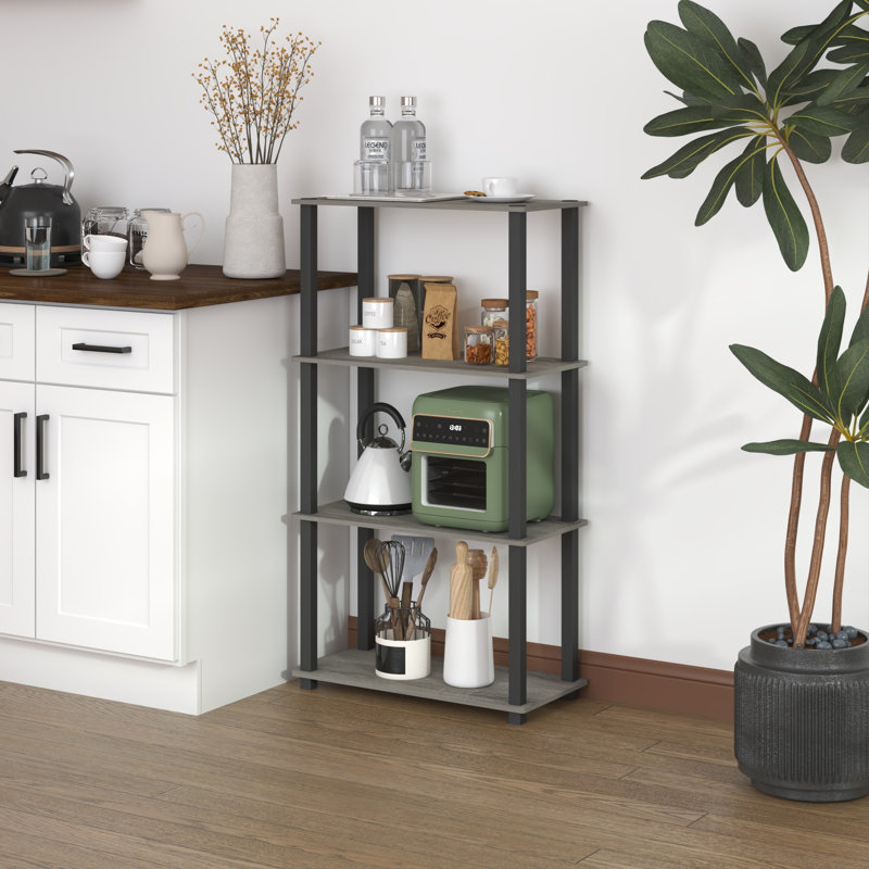 4-Tier 43.3" Corner Shelf, Open Shelves for Display and Storage, Gray; Black