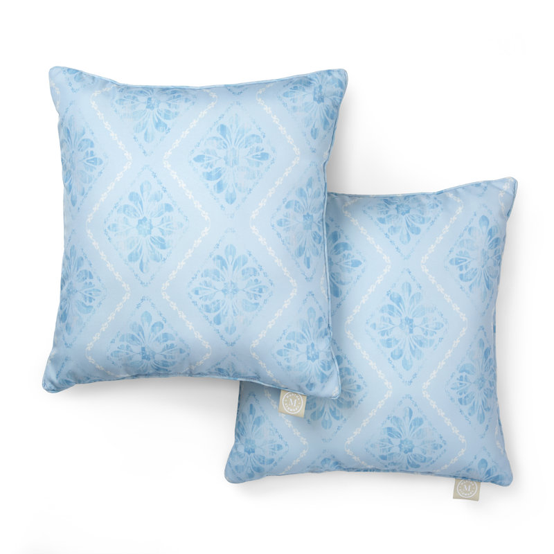 MARTHA STEWART Becca Stripe Boho Geo Indoor Outdoor Decorative Pillow 2-Pack Set, UV Fade Resistant, Water Repellent, Printed Floral Design, Sky Blue, 18"x18"