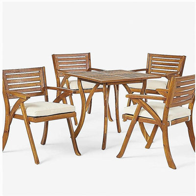 Ensemble repas d'extérieur en bois avec coussins 5 pièces Hermosa