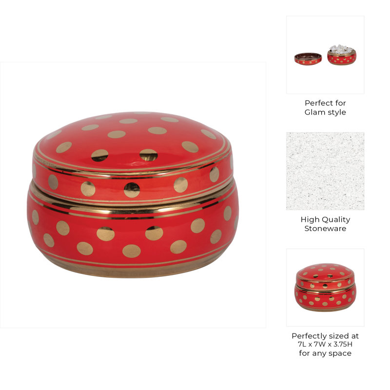 Embla Stoneware Ceramic Jar with Lid and Glam Polished Dot Embellishments for Decorative Display, 3.75" H x 7" W x 7" D