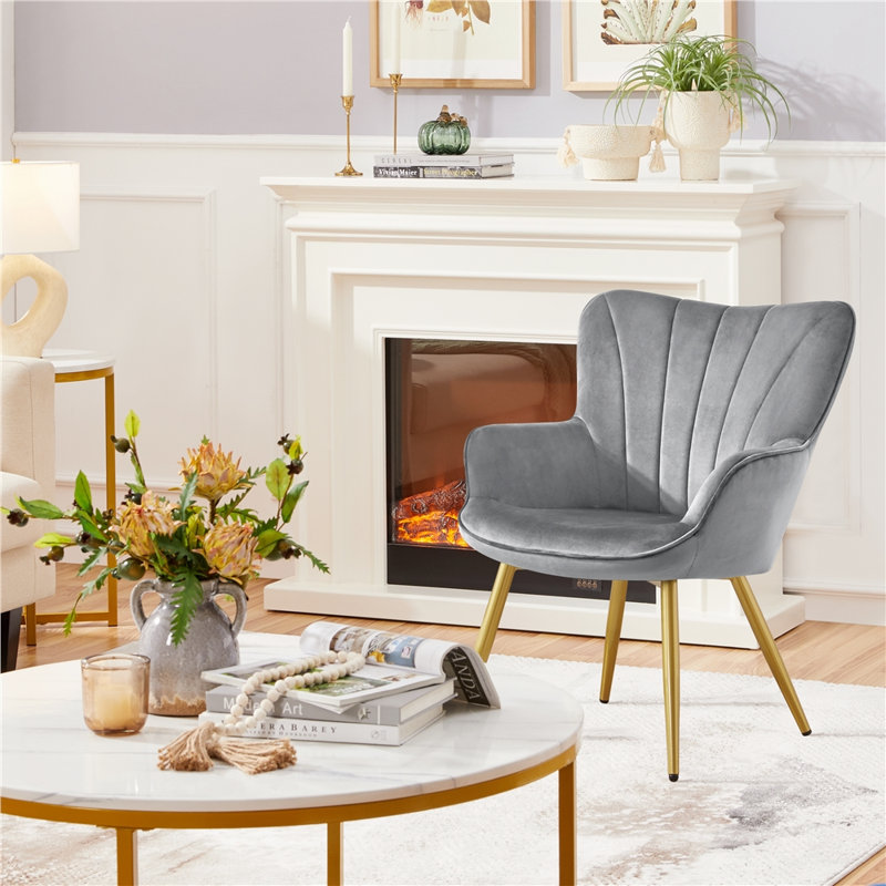 Fauteuil Bakhyt de 25,2 po de largeur, Velours bleu marine, Doré