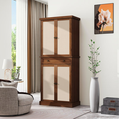 Armoire 4 portes avec 1 tiroir, tablettes intérieures réglables, capacité de charge de 210 lb, fabriquée, résistante au soleil, rayée, artisanat, engrenage, charnière en métal, ouverture à 180 degrés, accessoires de surmatelas, noyer,