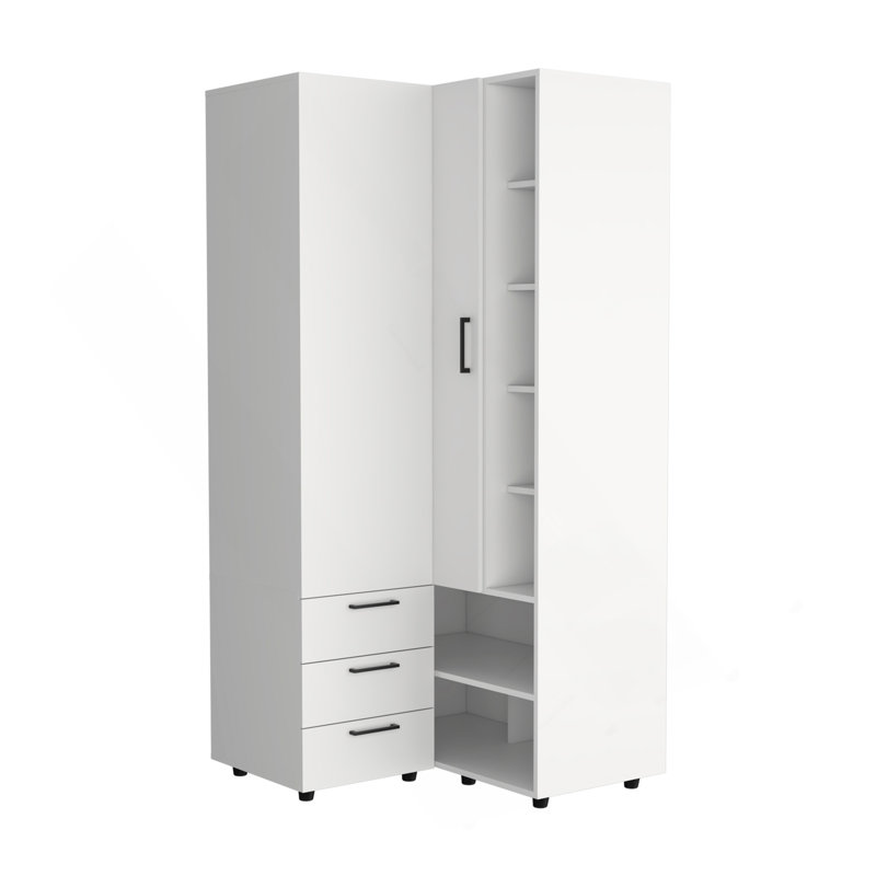 Armoire de coin Toulouse avec portes doubles et tablettes intérieures, garde-robe compacte, blanc, Blanc