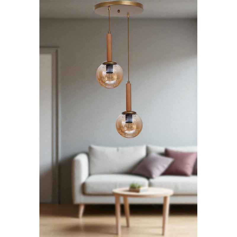 Lustre réglable élégant, miel et chêne avec accents dorés, 15 x 15 cm | Corps en métal, indice de protection IP20 | 80 cm de hauteur totale | 2 x culot E27 de 40 W maximum (ampoule non incluse) |  pour la décoration de salle à manger et de salon
