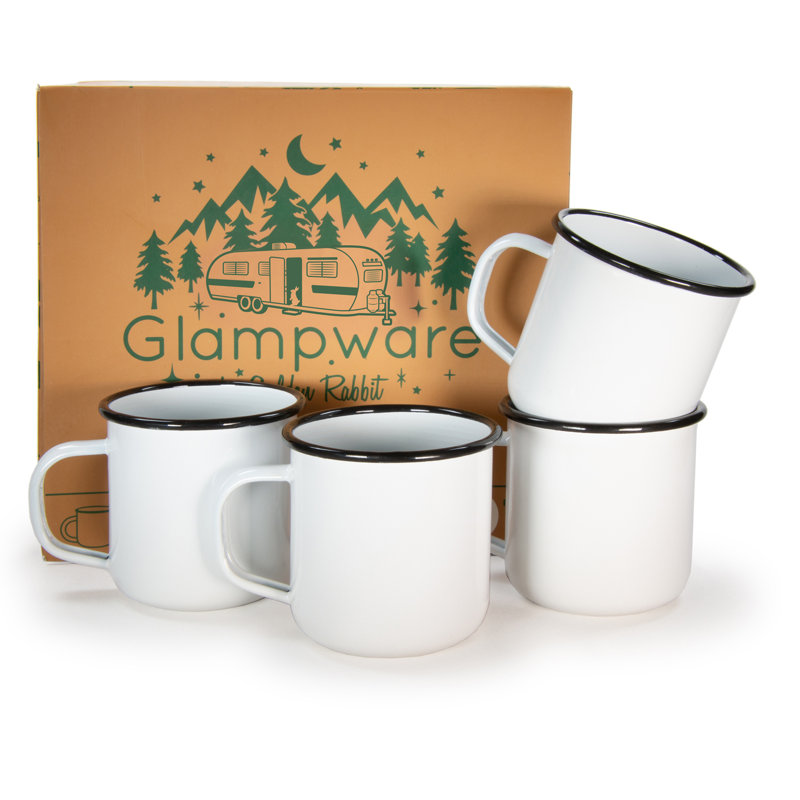 Golden Rabbit Enamelware Glampware 12 Oz. Coffee Mugs, Set of 4, Black Rim