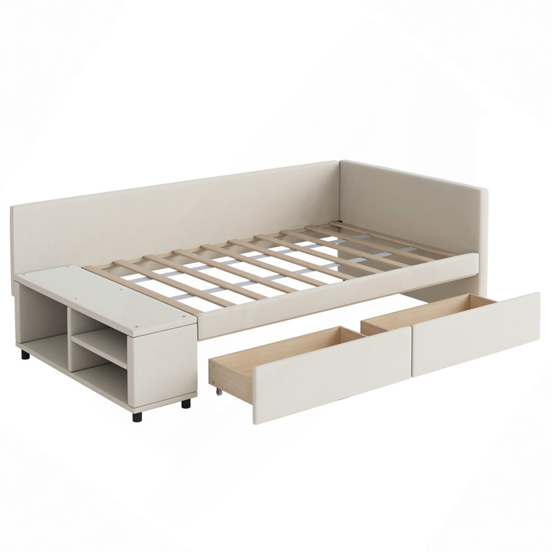 Lit plateforme tapissier en L avec rangement et tiroirs