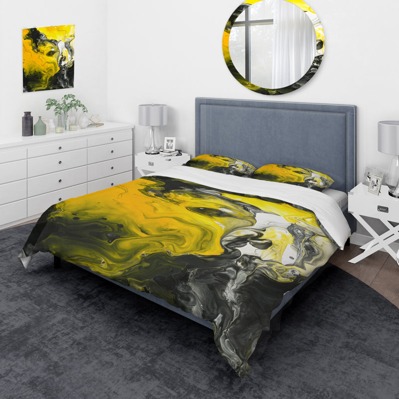 Marbré de noir, blanc et jaune - Ensemble de housse de couette moderne - Microfibre de polyester