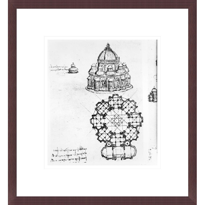 Détail d'une église à  plan central de Léonard de Vinci - Reproduction giclée encadrée, H 14,93 po x l 13,75 po