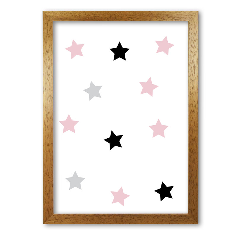 Pink Black And Grey Stars - Painting, Honey Oak Frame, 85 cm H x 60 cm W x 5 cm D
