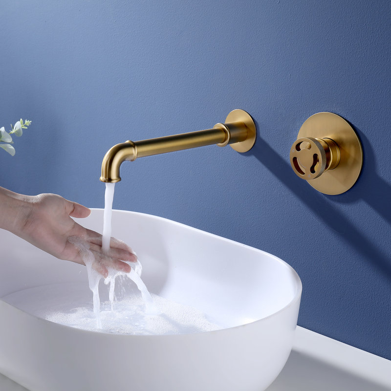 Robinet de lavabo mural à 2 trous et poignée unique, en laiton massif doré brossé avec valve d'encastrement, débit d'eau de 1,2 GPM (4,5 l/min).
